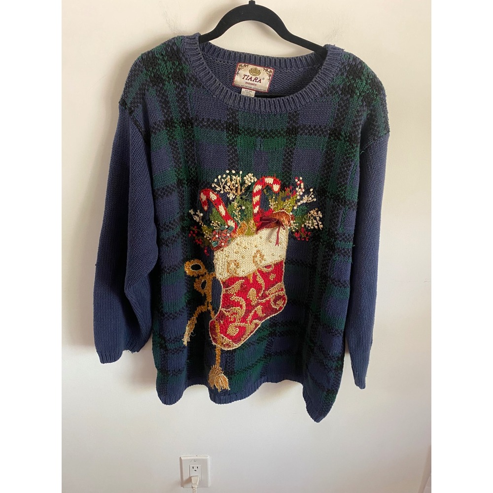 Vintage 1997 Tiara Women Plaid Christmas Stocking Beaded Sweater Navy Plus 22/24